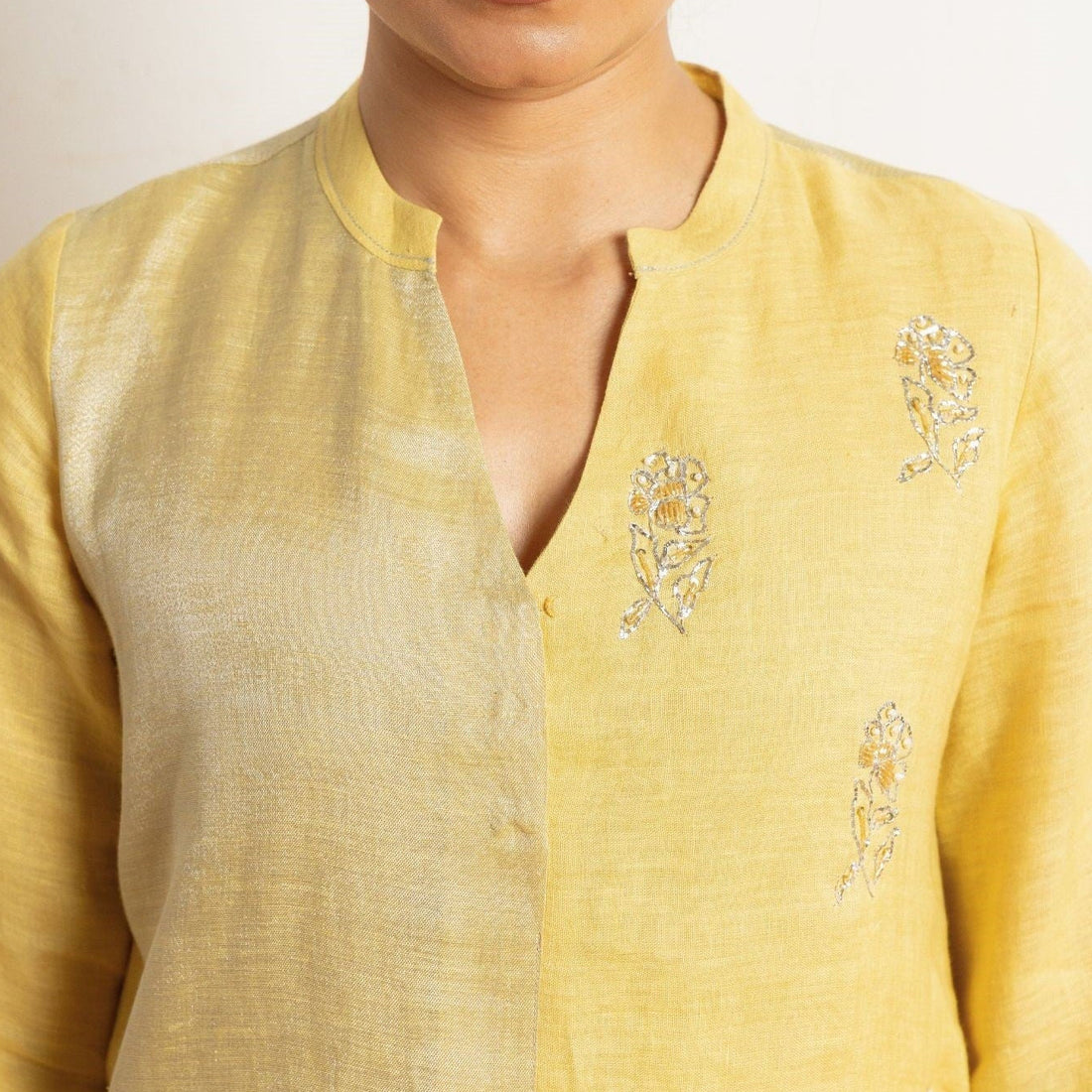 Yellow Hand Work Linen Zari Set