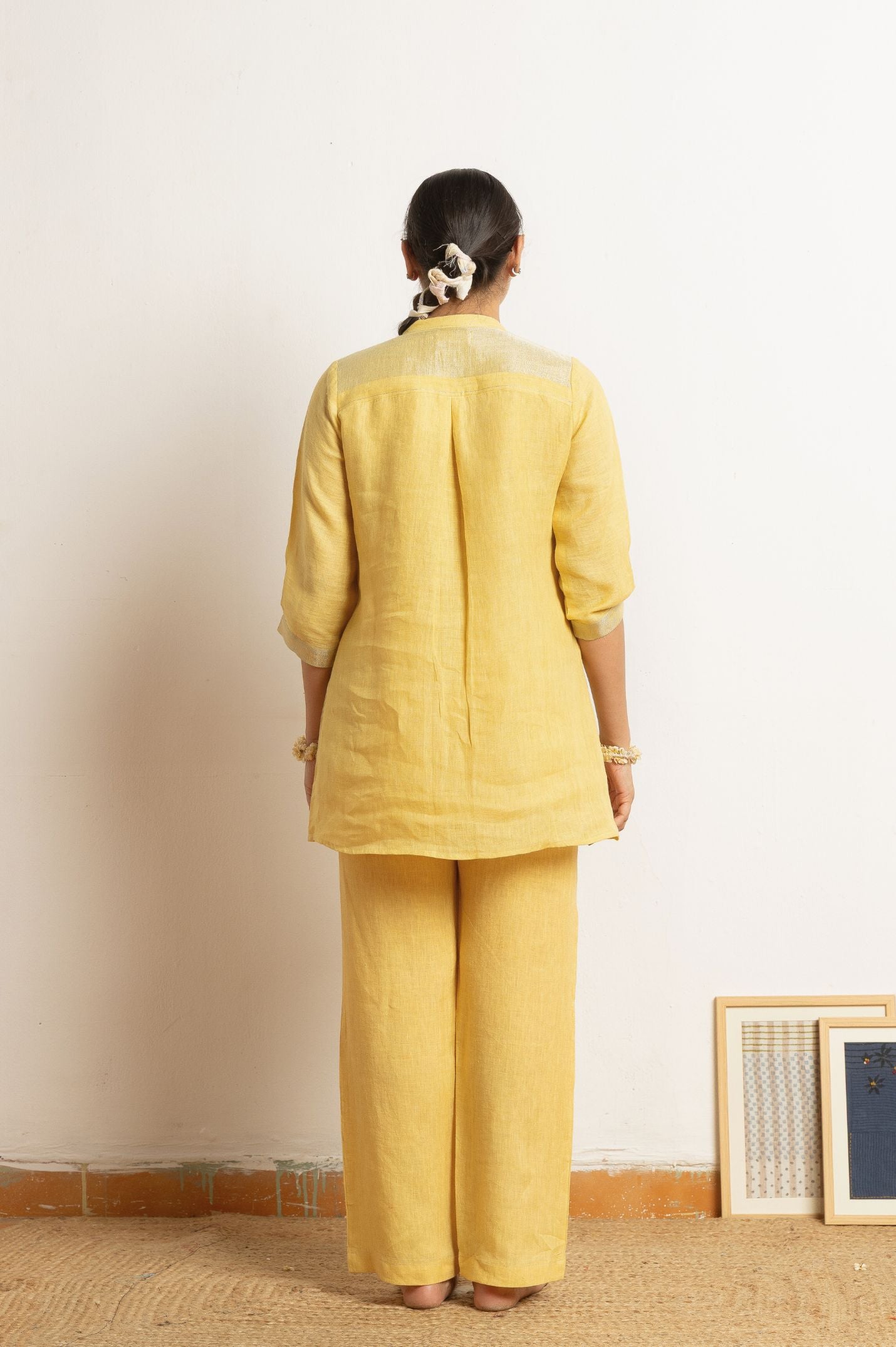 Yellow Hand Work Linen Zari Set