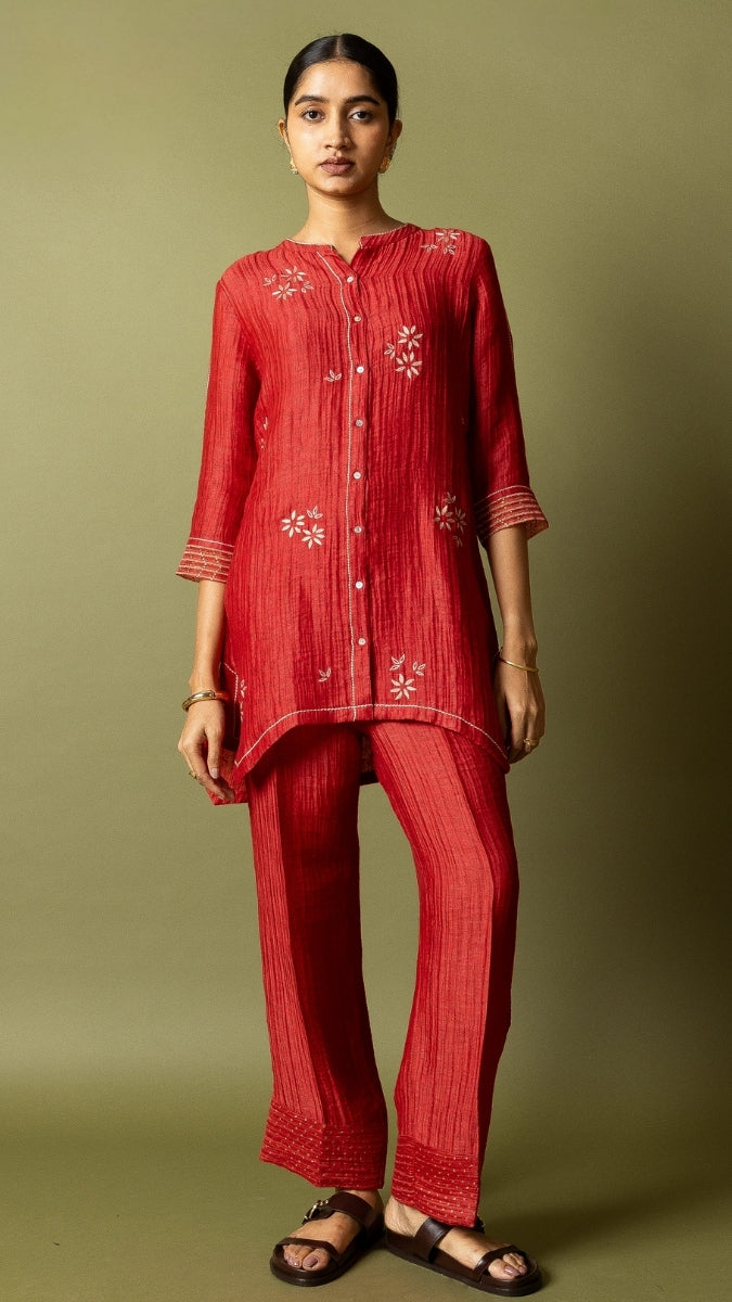 Red Textured Silk Linen Embroidered Set