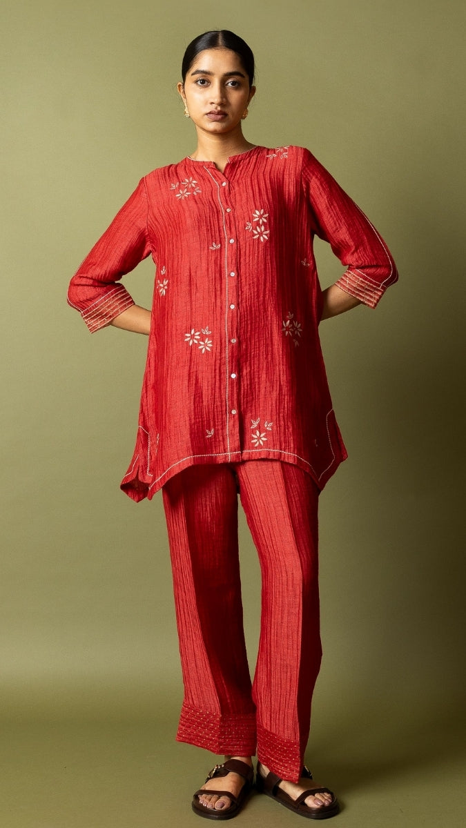 Red Textured Silk Linen Embroidered Set