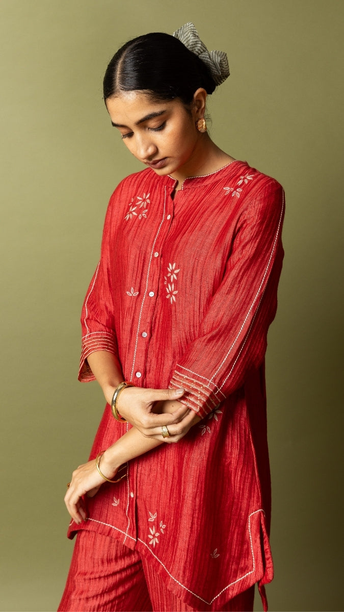 Red Textured Silk Linen Embroidered Set