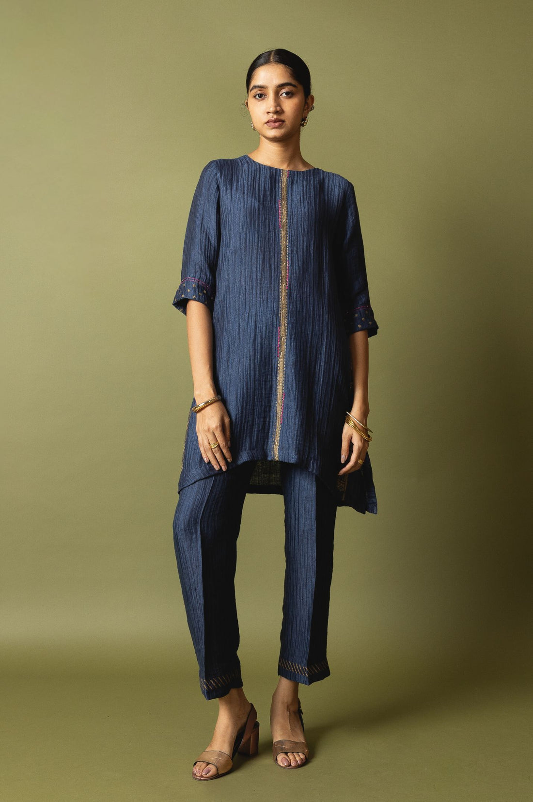 Navy Textured Silk Linen Set