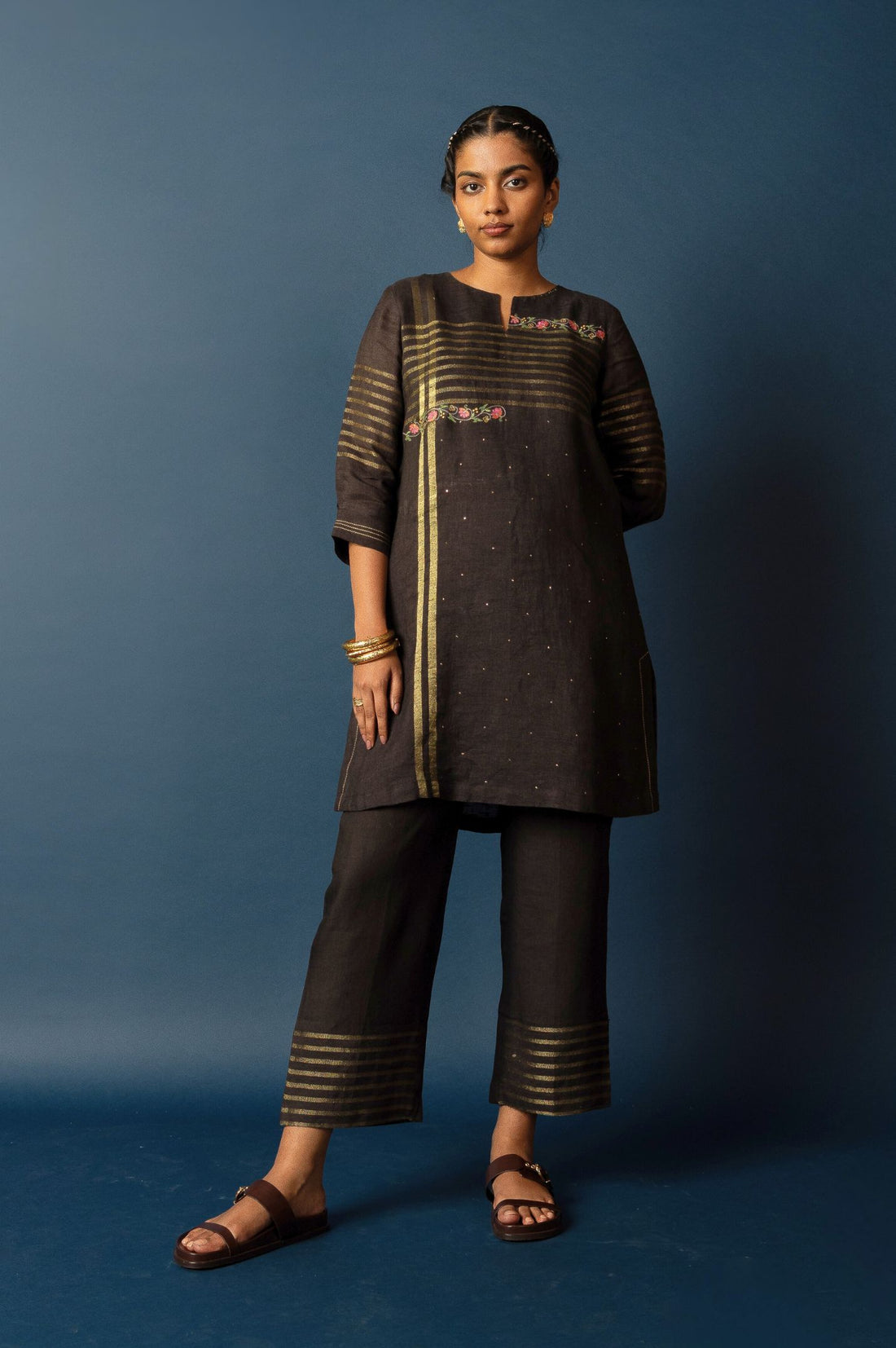 Coffee Gold Zari Linen Set