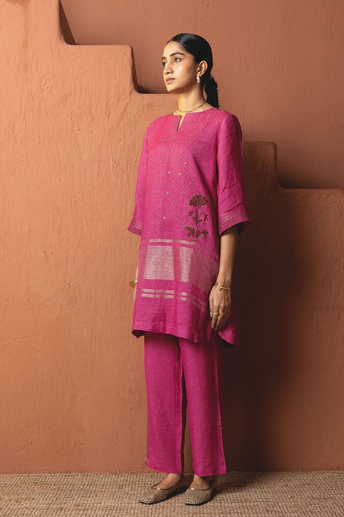 Pink Copper Zari Linen Set