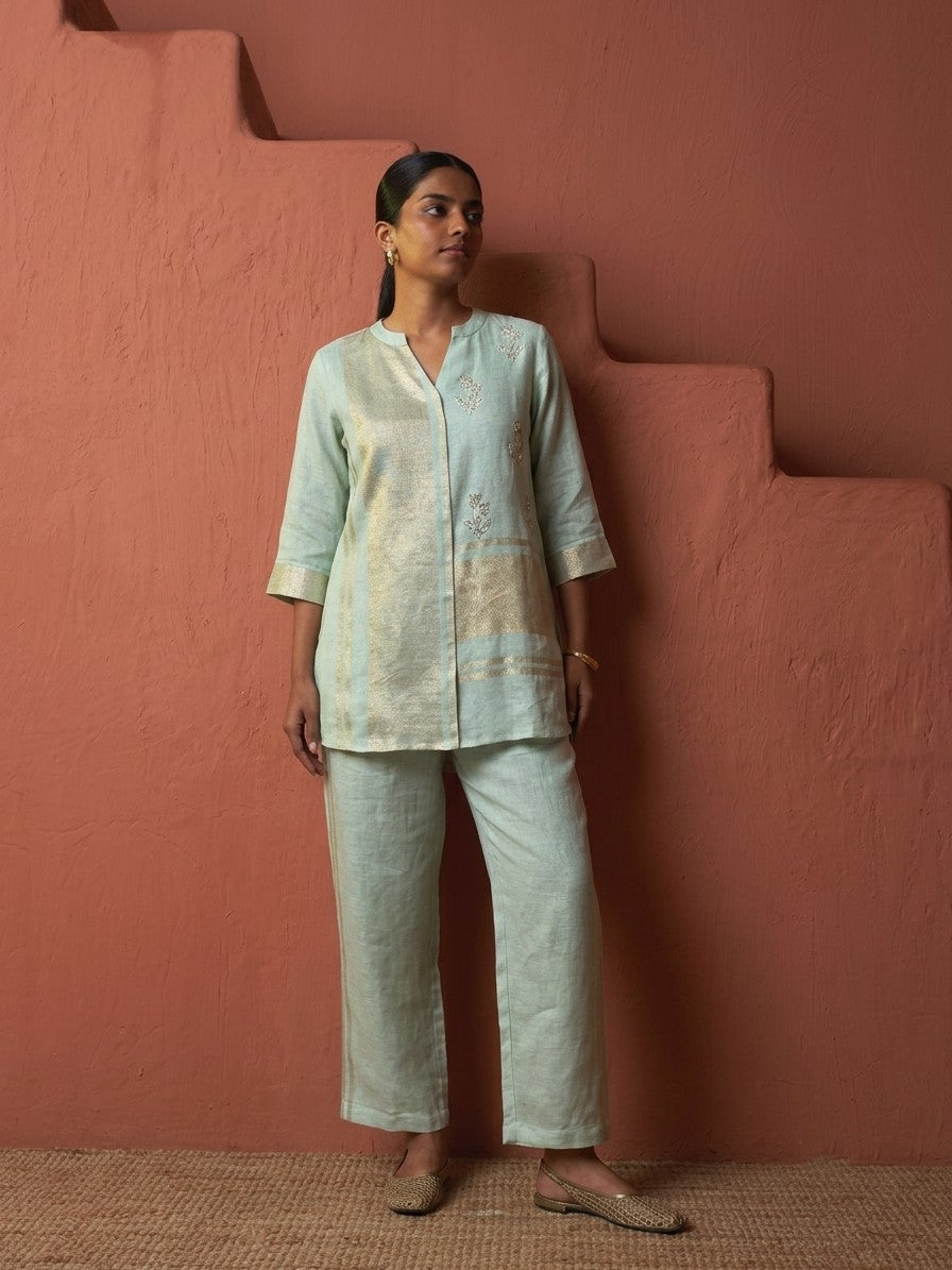 Copper Zari Linen Pink Coord Set with Handcrafted Khat Work