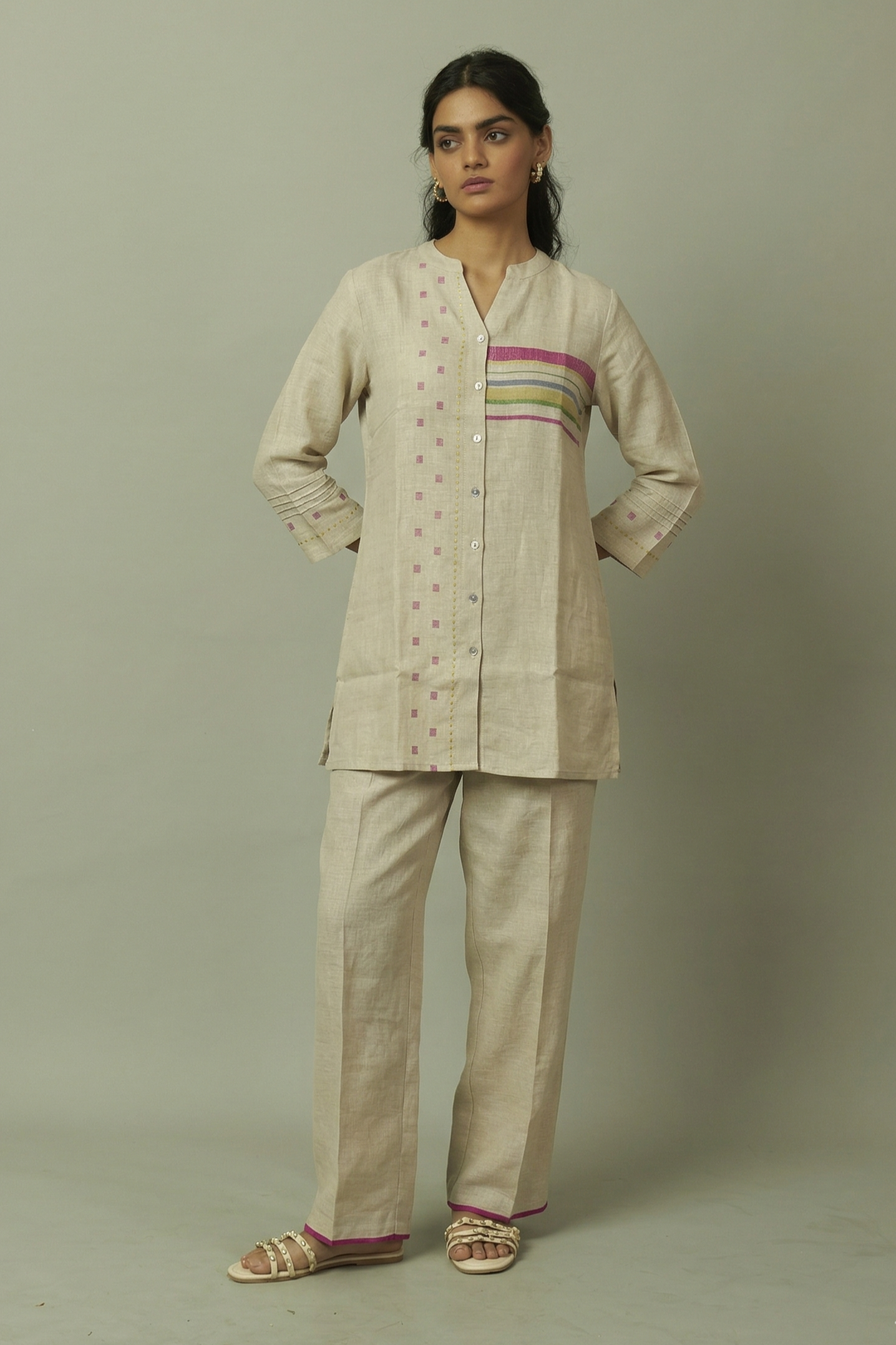 Beige Linen Multi-Stripe Tunic Coord Set | Oregano