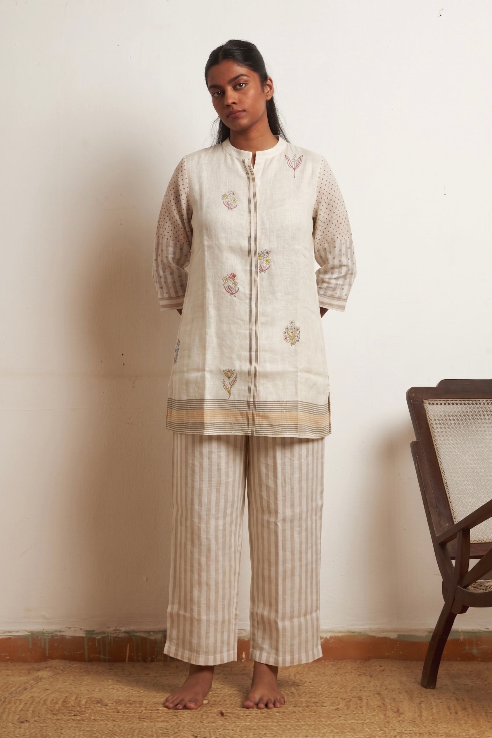 Off white Kora Striped Linen Floral Tunic Co-ord Set | Oregano
