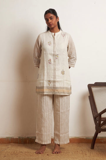 Off white Kora Striped Linen Floral Tunic Co-ord Set | Oregano