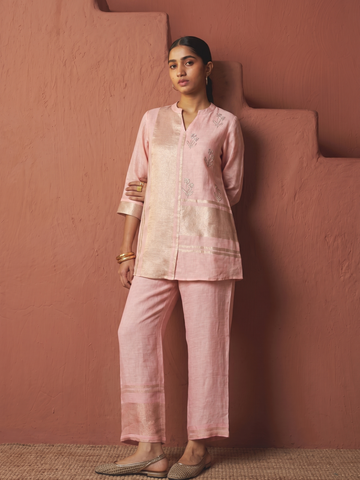 Copper Zari Linen Pink Coord Set with Handcrafted Khat Work