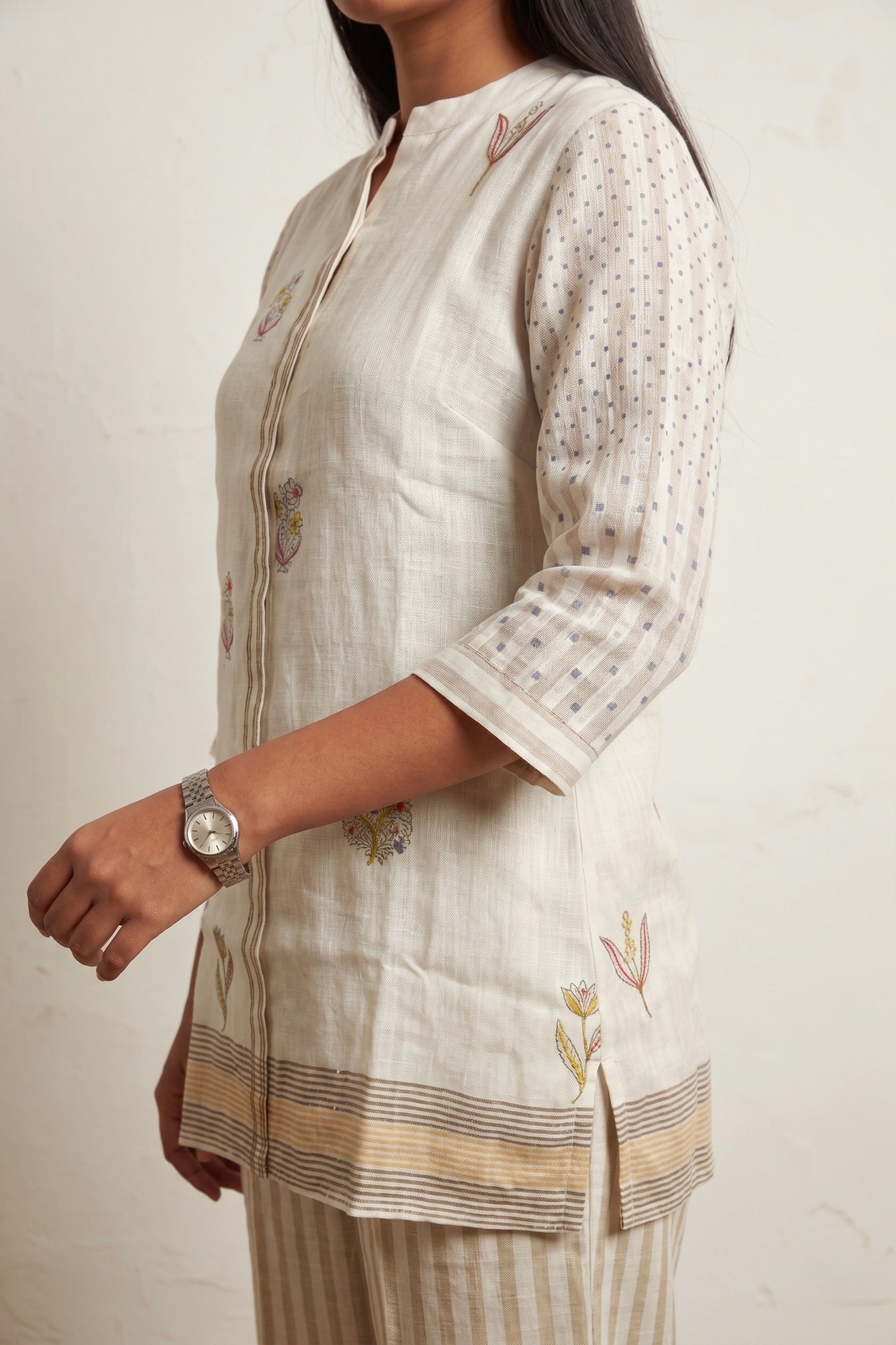 Kora Striped Linen Floral Tunic Co-ord Set | Oregano