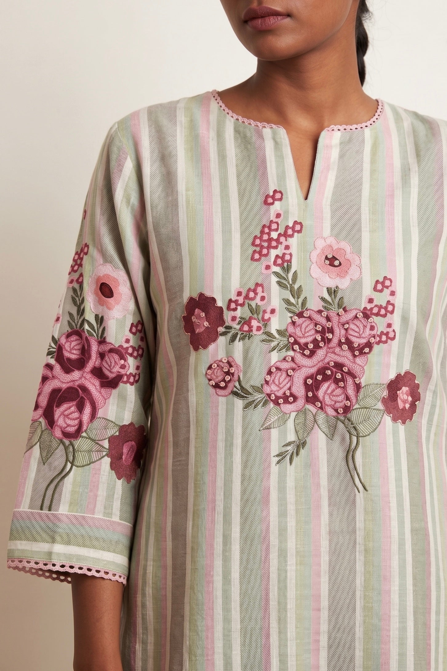 Artisanal Floral Bouquet Striped Kurti | Oregano