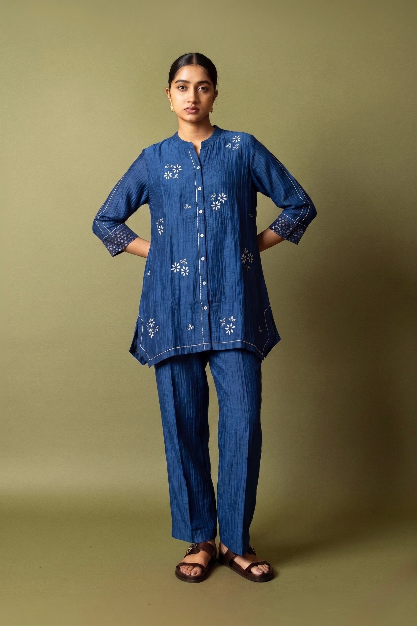 Blue Textured Silk Linen Embroidered Set | Oregano