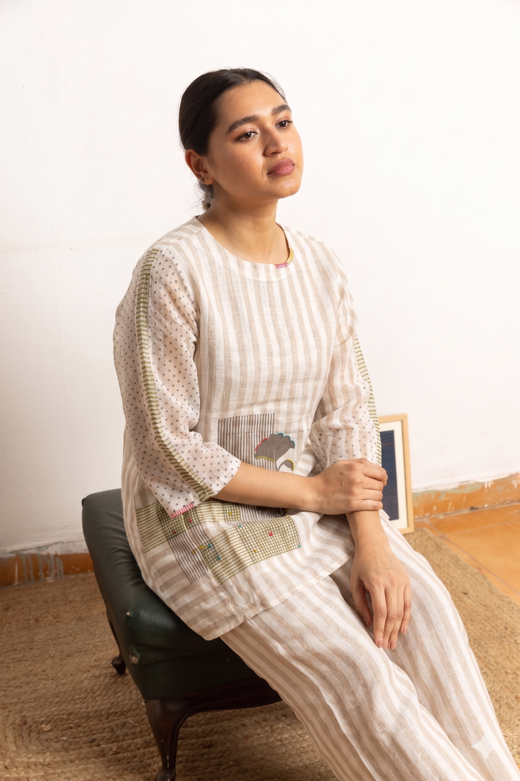 Block Printed Kora Strip 100% Linen Coord Set | Oregano
