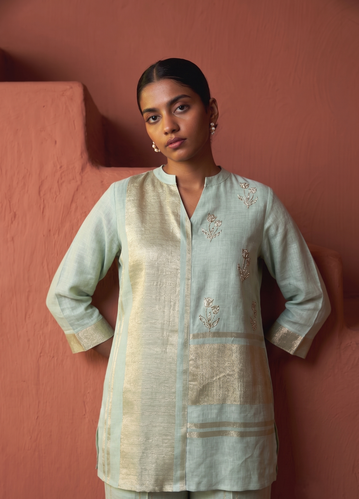 Copper Zari Linen Pink Coord Set with Handcrafted Khat Work