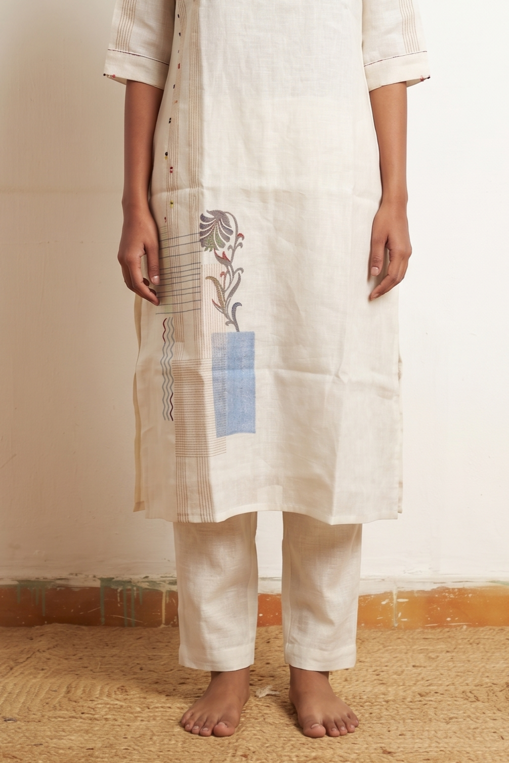 Artisanal Ivory Block Printed Linen Kurta Set | Oregano