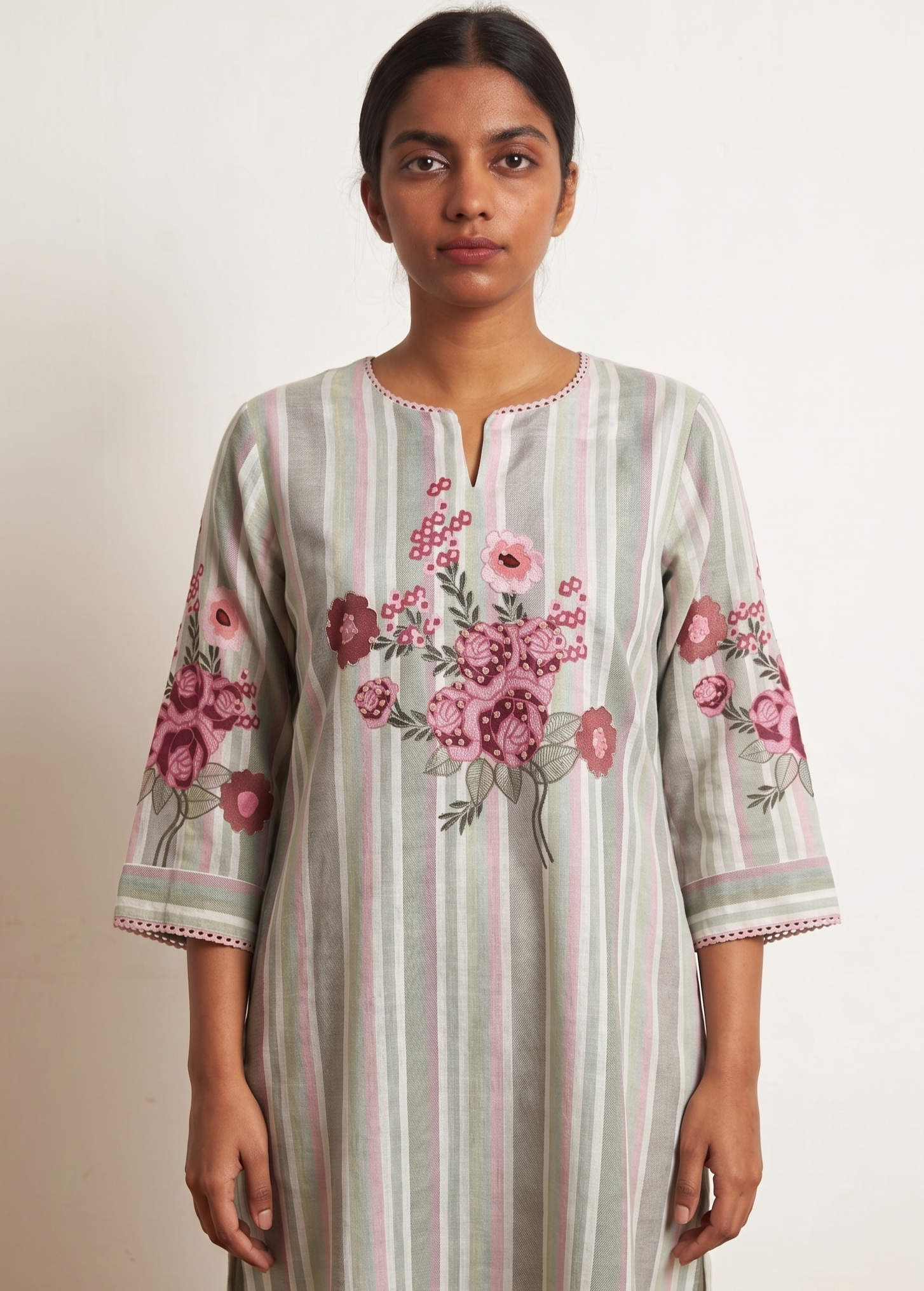 Artisanal Floral Bouquet Striped Kurti | Oregano