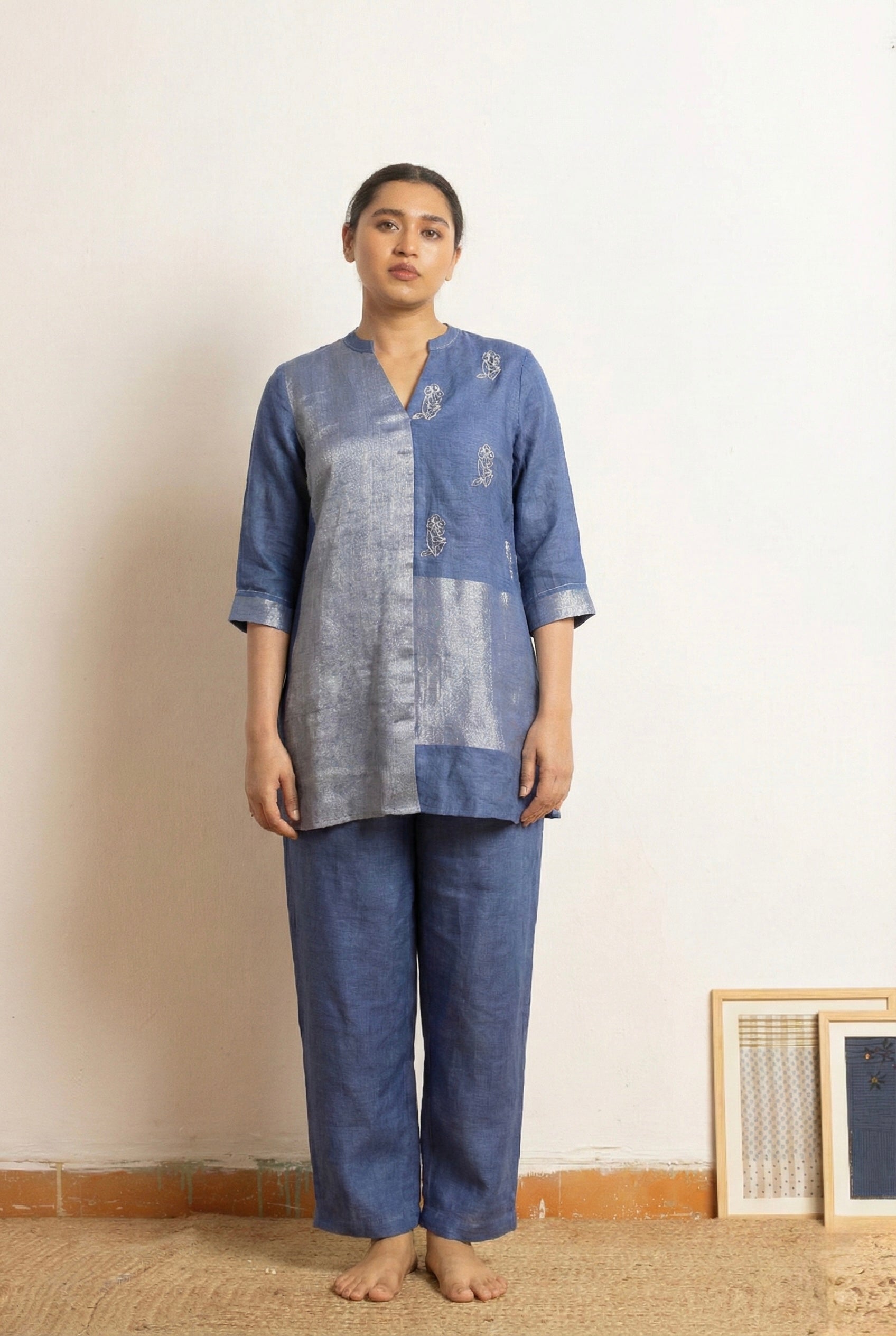 Navy Hand Work Linen Zari Set | Oregano