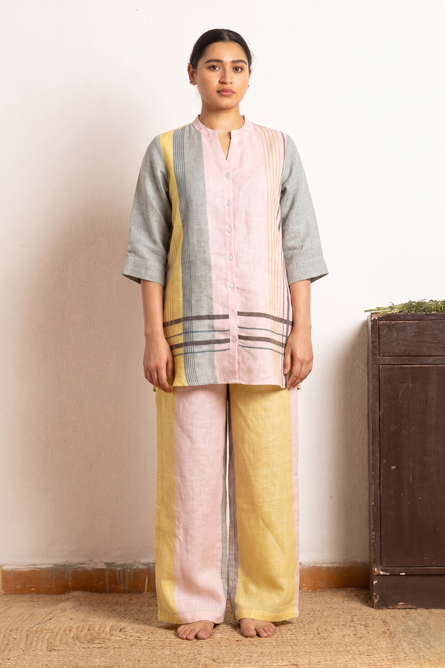 Baby Pink Striped Block Printed Coord Set | Oregano