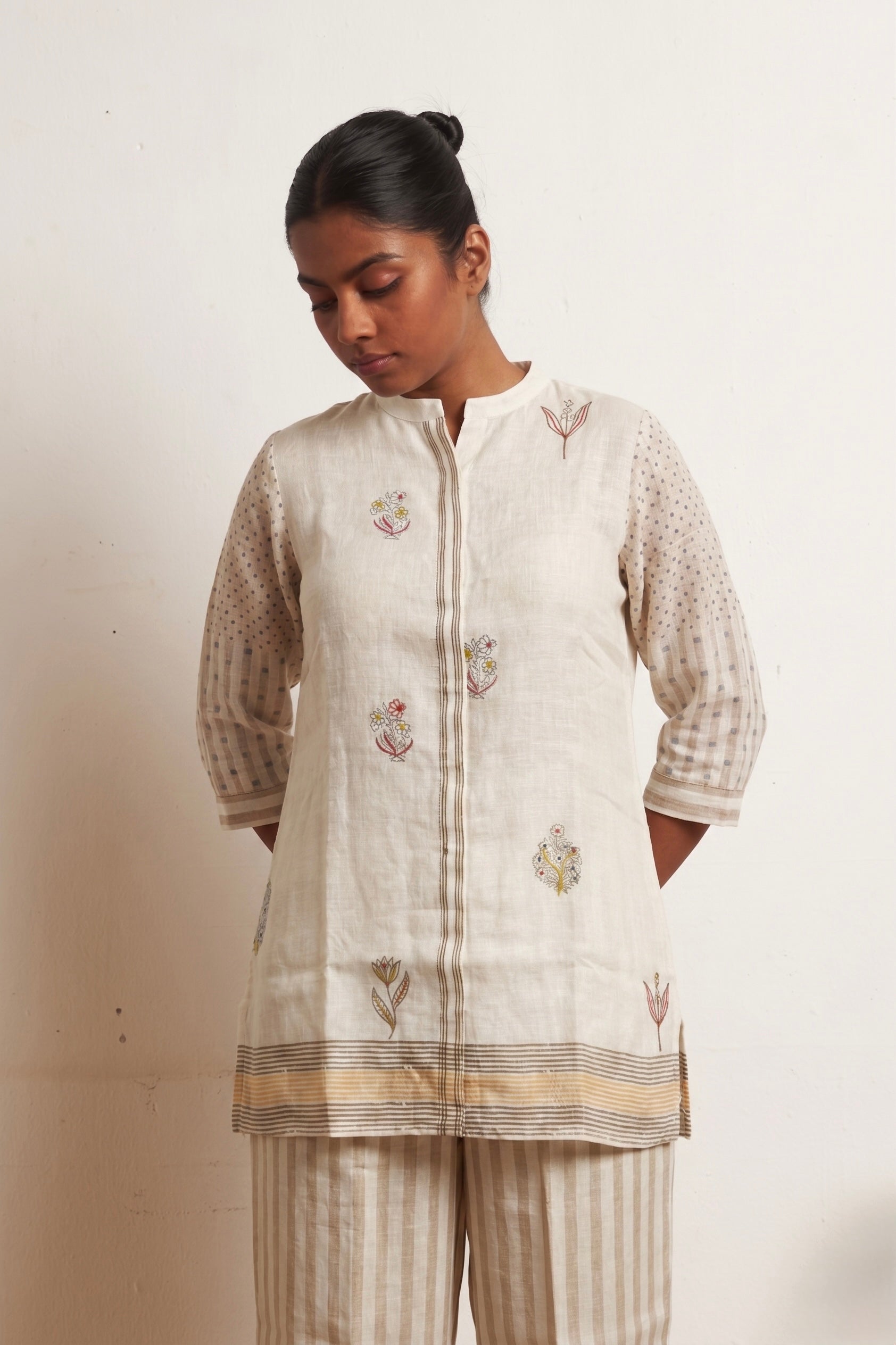 Kora Striped Linen Floral Tunic Co-ord Set | Oregano