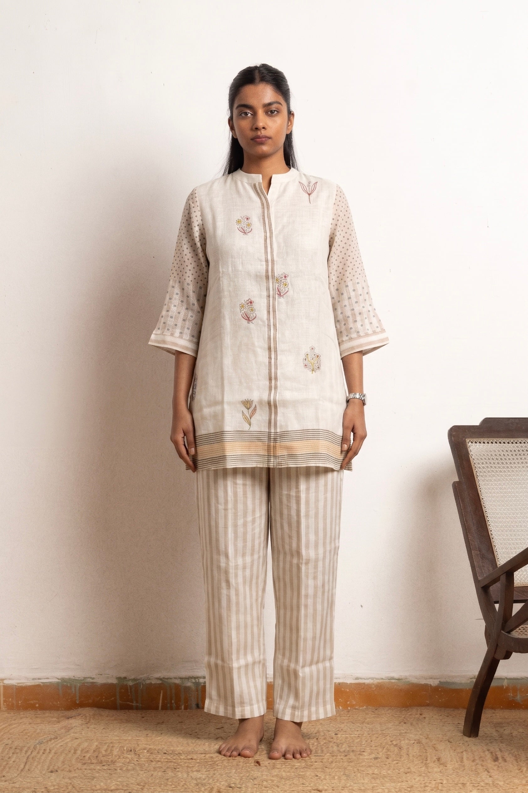 Kora Striped Linen Floral Tunic Co-ord Set | Oregano