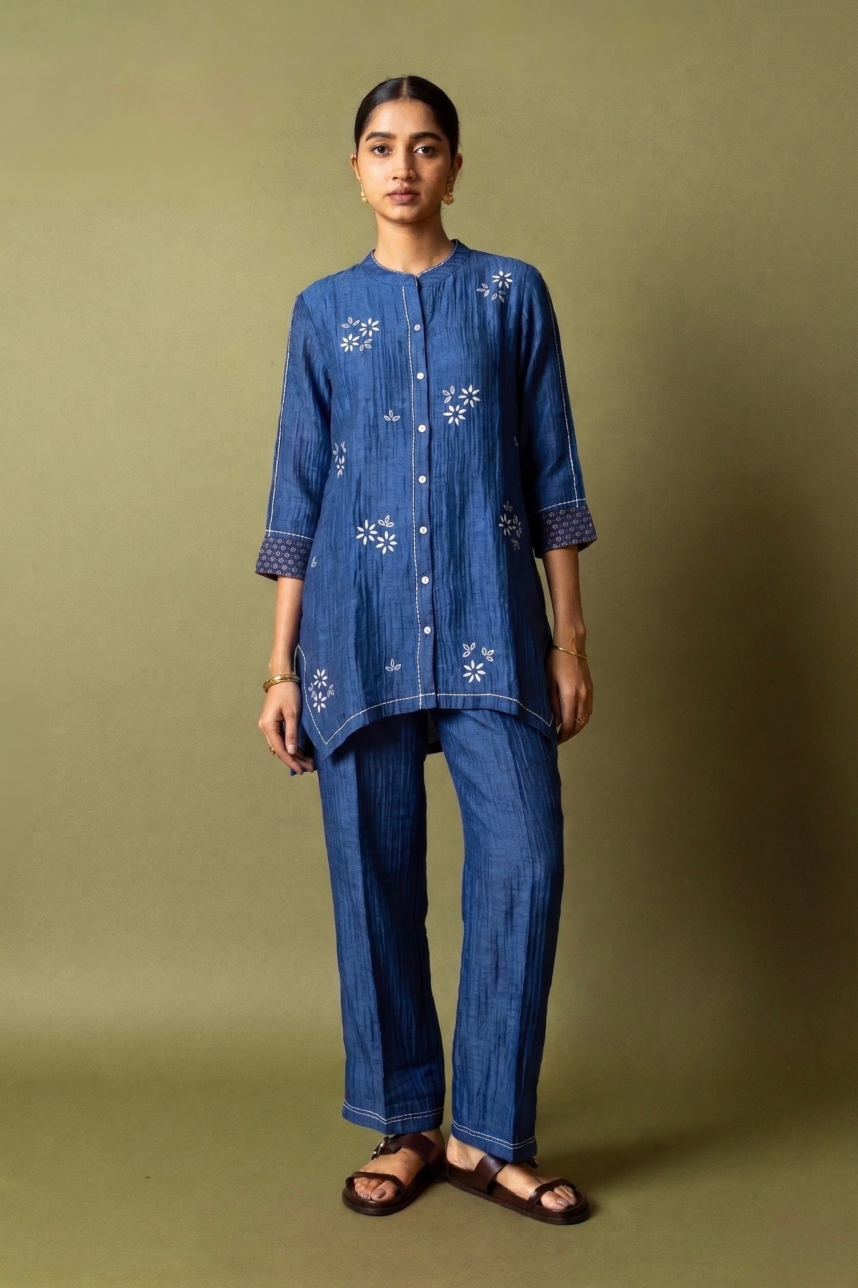 Textured Silk Linen Embroidered Set | Oregano