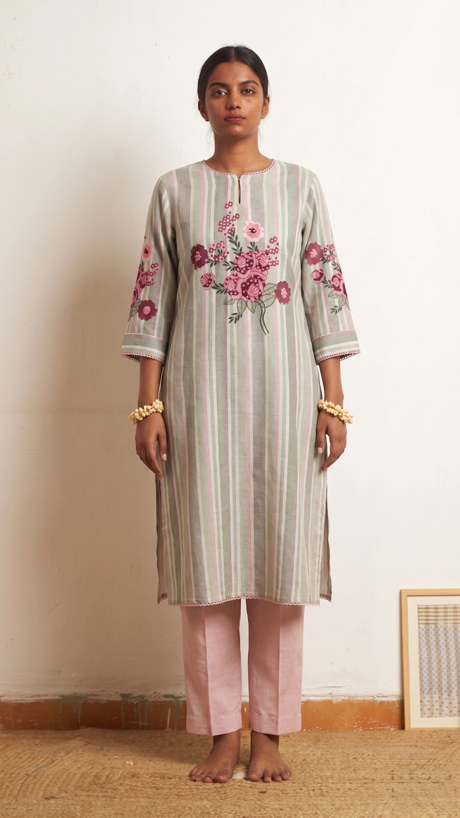 Multicolor Artisanal Floral Bouquet Striped Kurti | Oregano