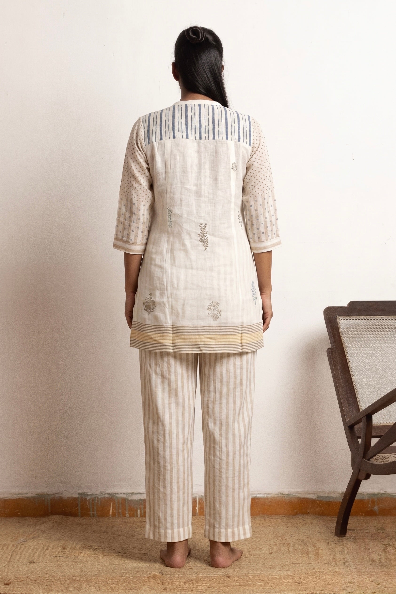 Kora Striped Linen Floral Tunic Co-ord Set | Oregano