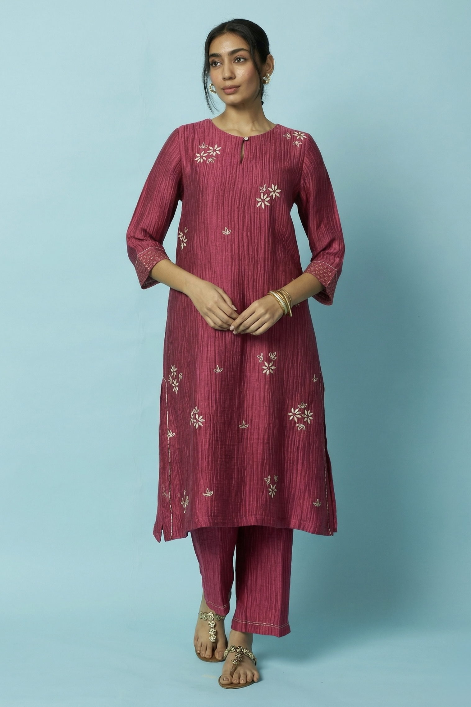 Berry Textured Silk-Linen Kurta Set with Distorted Floral Embroidery | Oregano