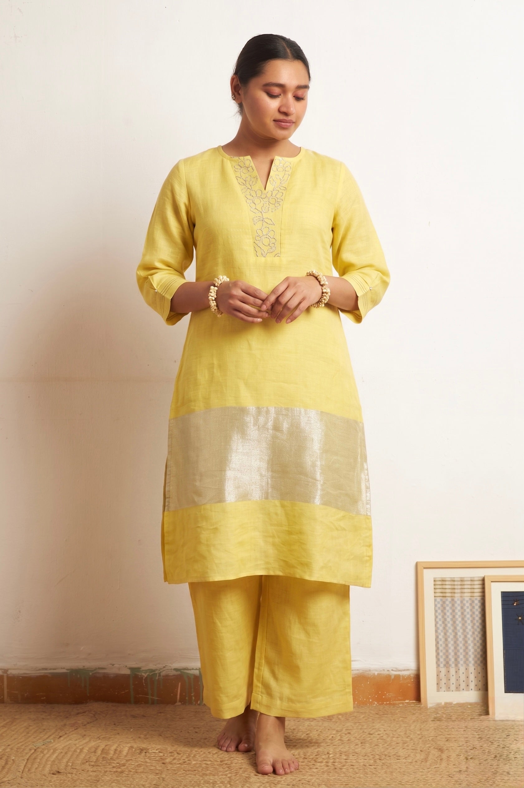 Zari Linen Set with Pita Handwork Kurta Set | Oregano
