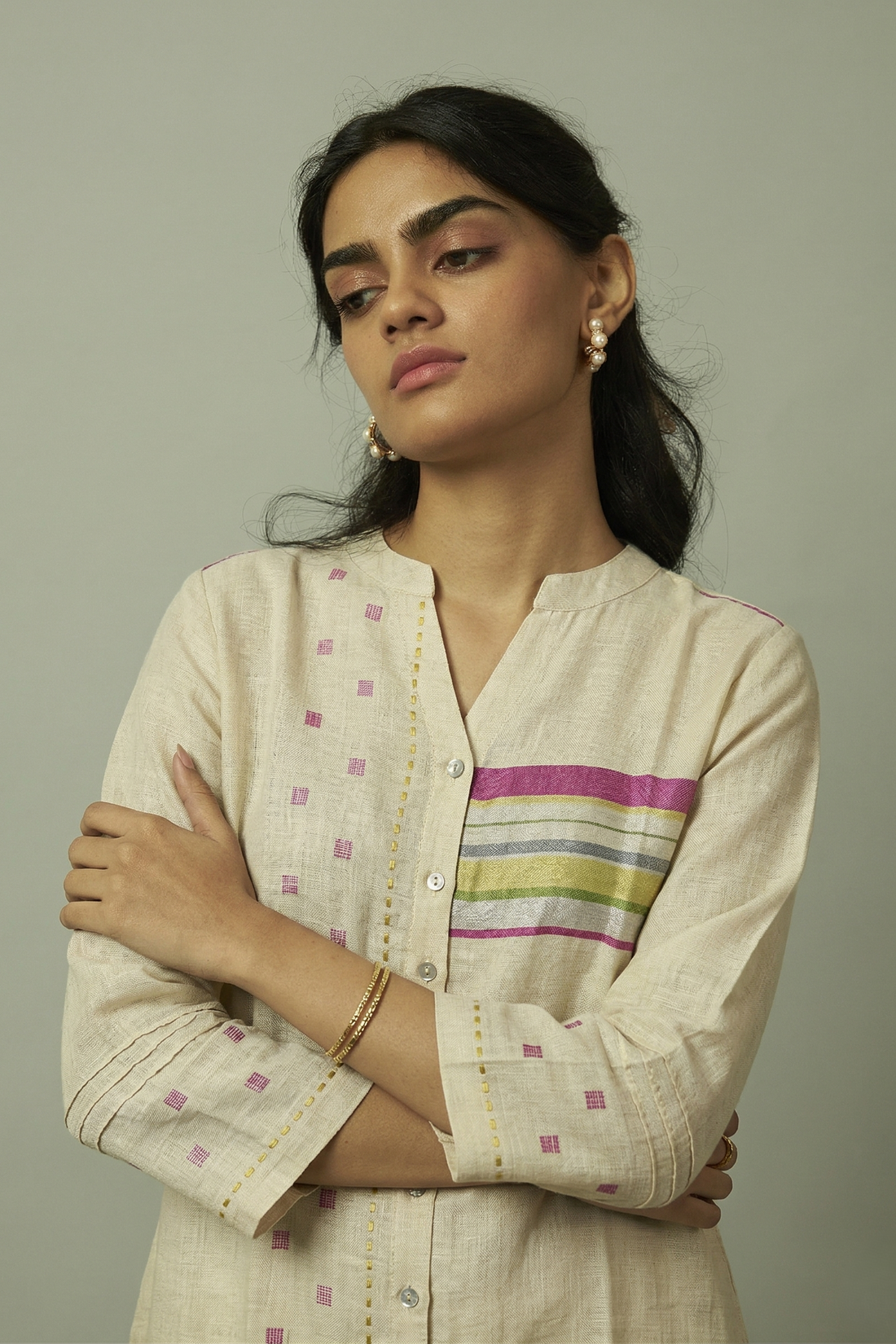 Beige Linen Multi-Stripe Tunic Coord Set | Oregano