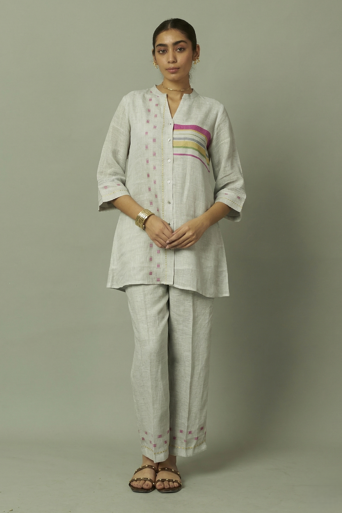 Grey Linen Multi-Stripe Tunic Coord Set | Oregano
