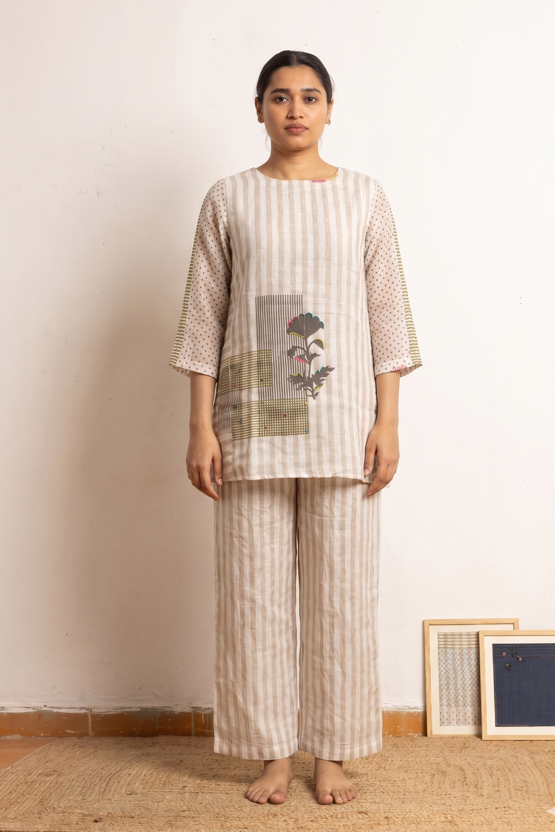 Off white Block Printed Kora Strip 100% Linen Coord Set | Oregano