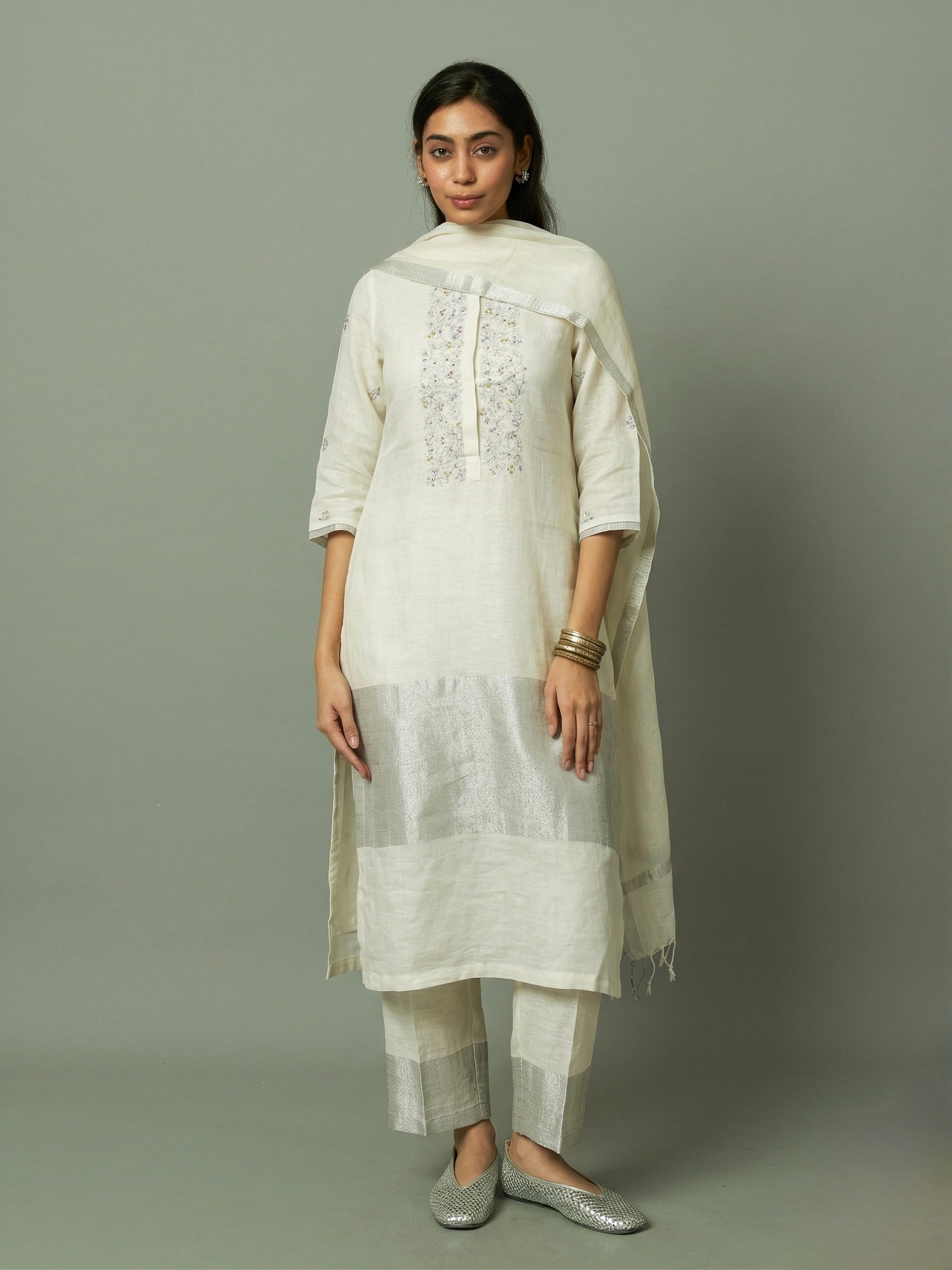 Off white Zari embroidered yoke on Sliver Zari linen Kurta Set | Oregano