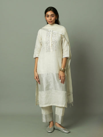 Off white Zari embroidered yoke on Sliver Zari linen Kurta Set | Oregano