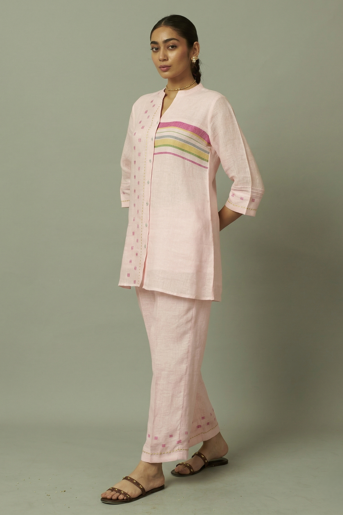 Baby Pink Linen Multi-Stripe Tunic Coord Set | Oregano