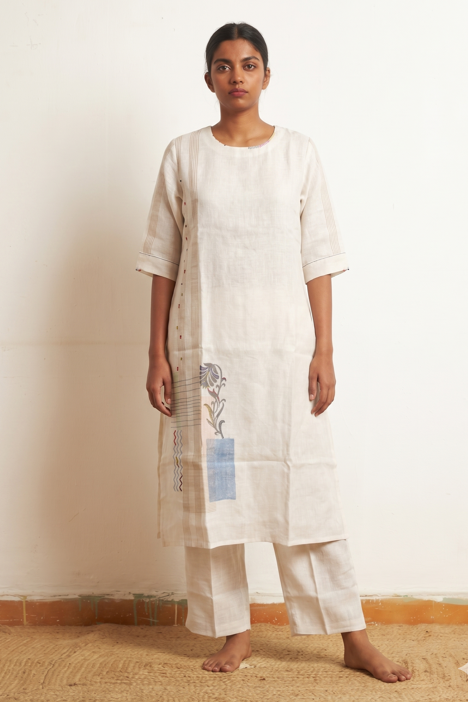 Off white Artisanal Ivory Block Printed Linen Kurta Set | Oregano