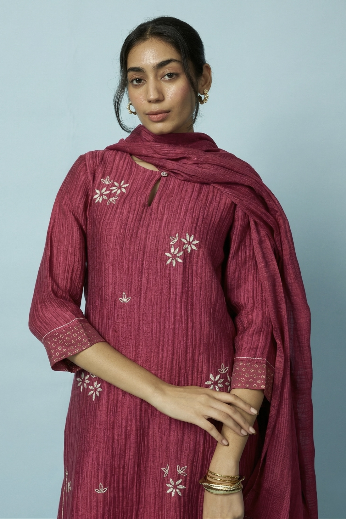 Berry Textured Silk-Linen Kurta Set with Distorted Floral Embroidery | Oregano