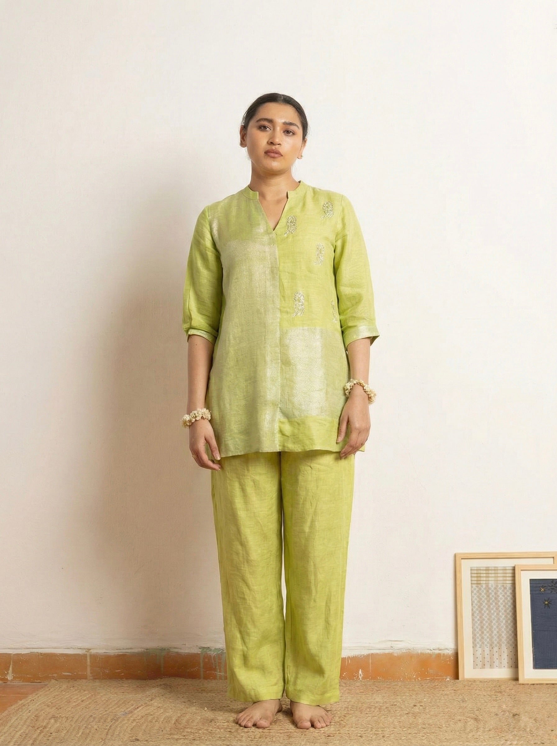 Lime Hand Work Linen Zari Set | Oregano