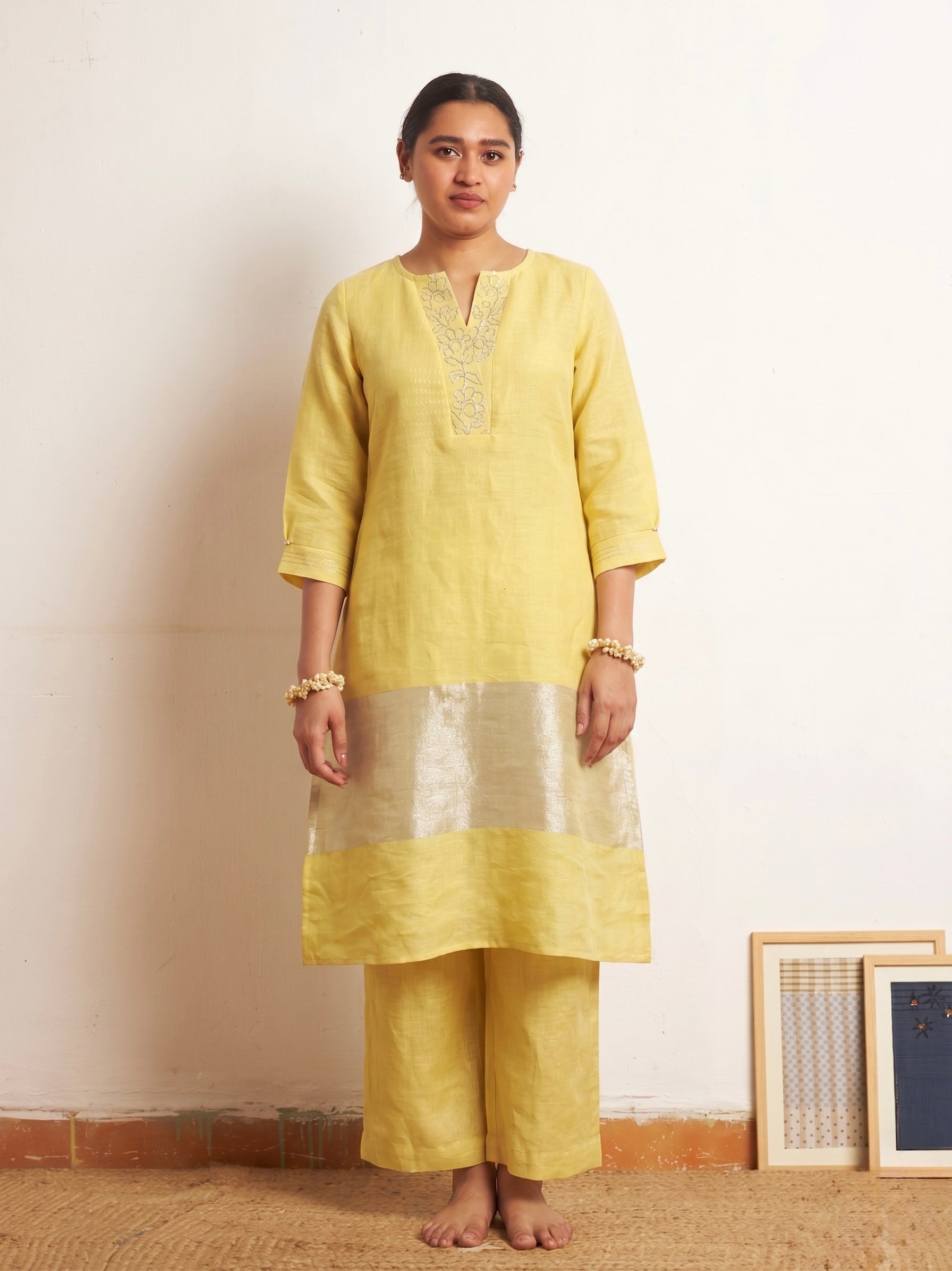 Zari Linen Set with Pita Handwork Kurta Set | Oregano