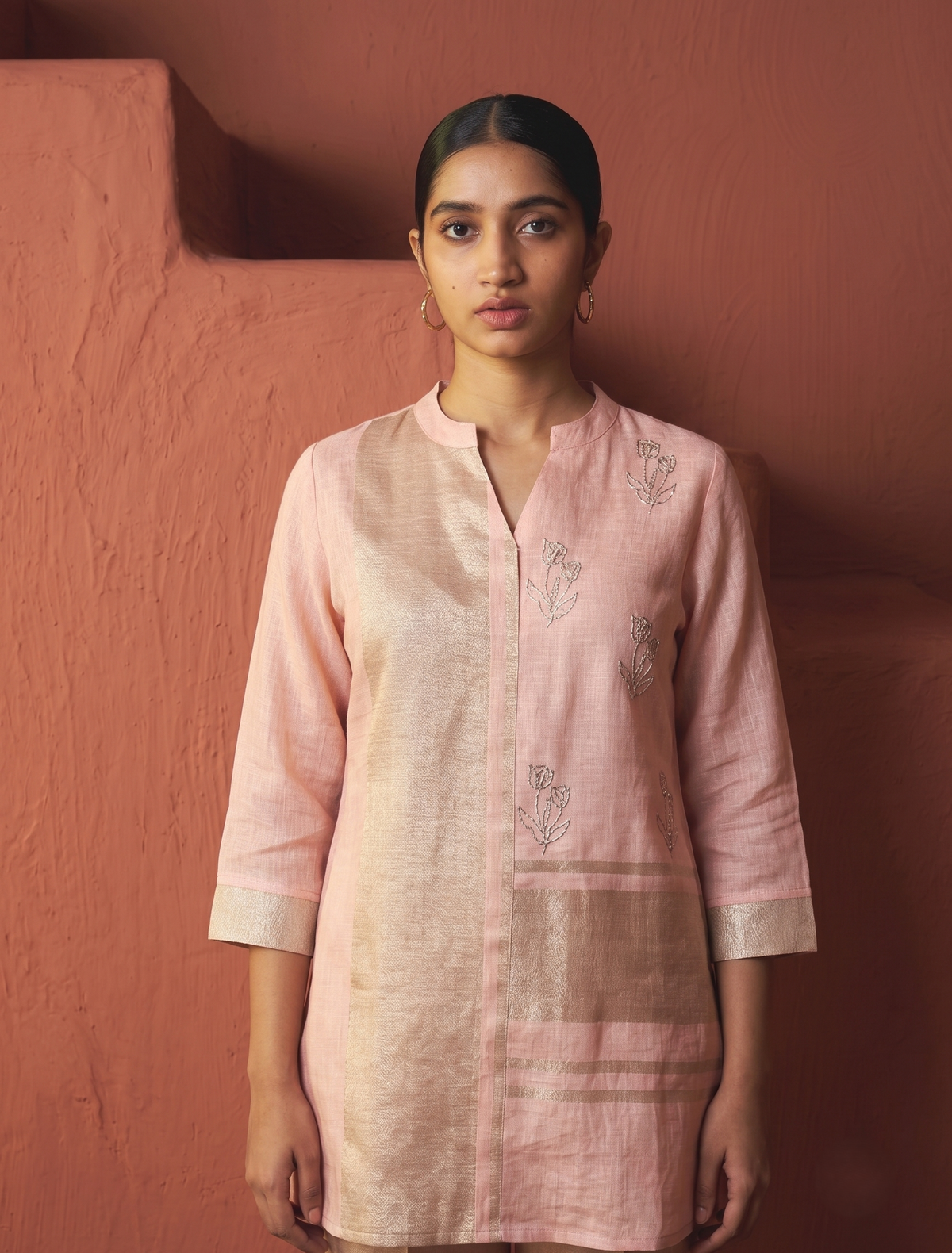 Copper Zari Linen Pink Coord Set with Handcrafted Khat Work