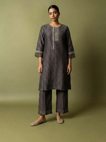 Textured Silk Linen Kurta Set With Delicate Block Print