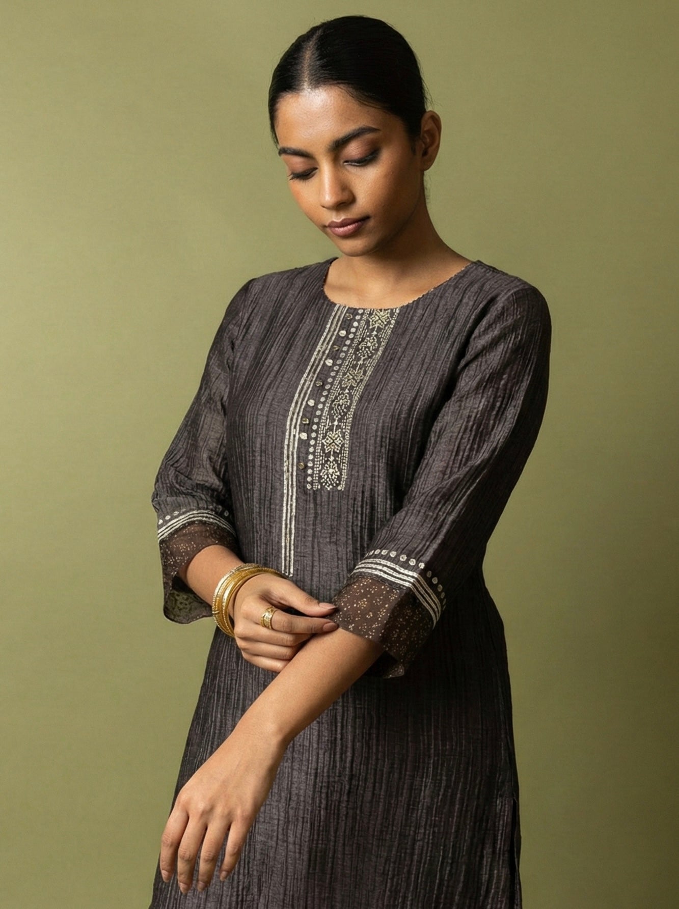 Textured Silk Linen Kurta Set With Delicate Block Print