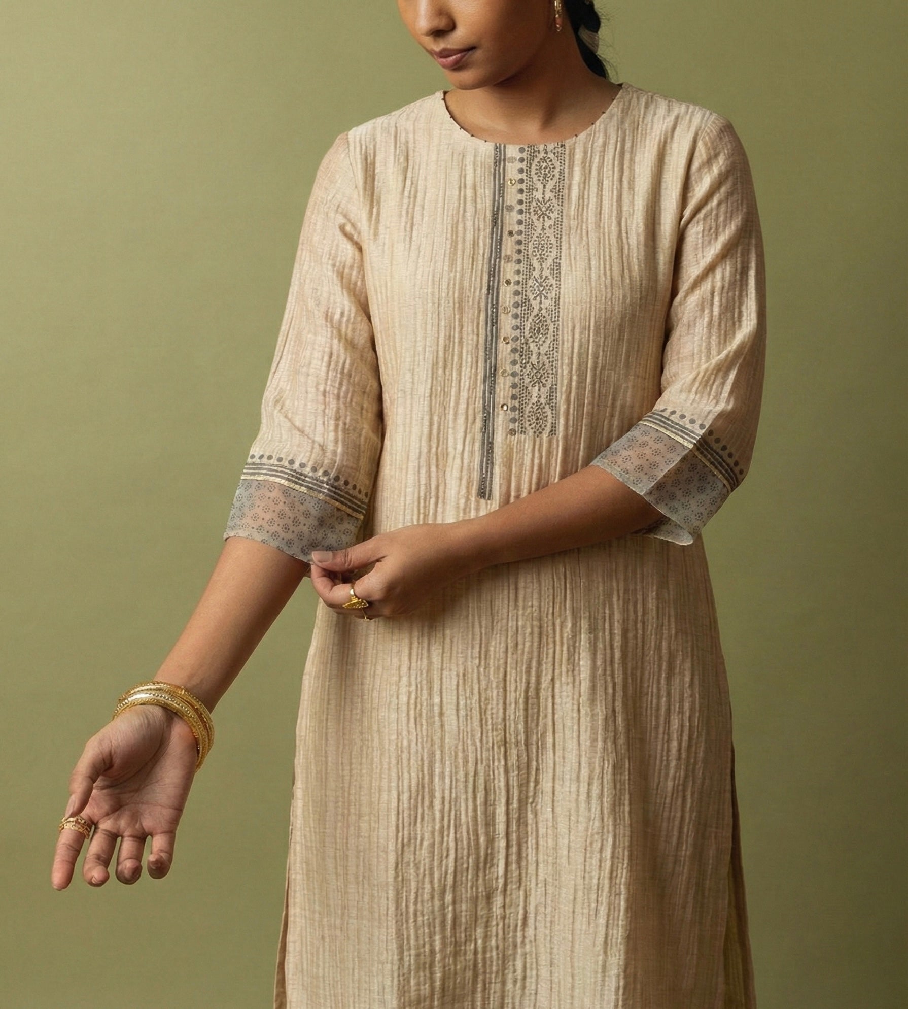 Textured Silk Linen Kurta Set With Delicate Block Print