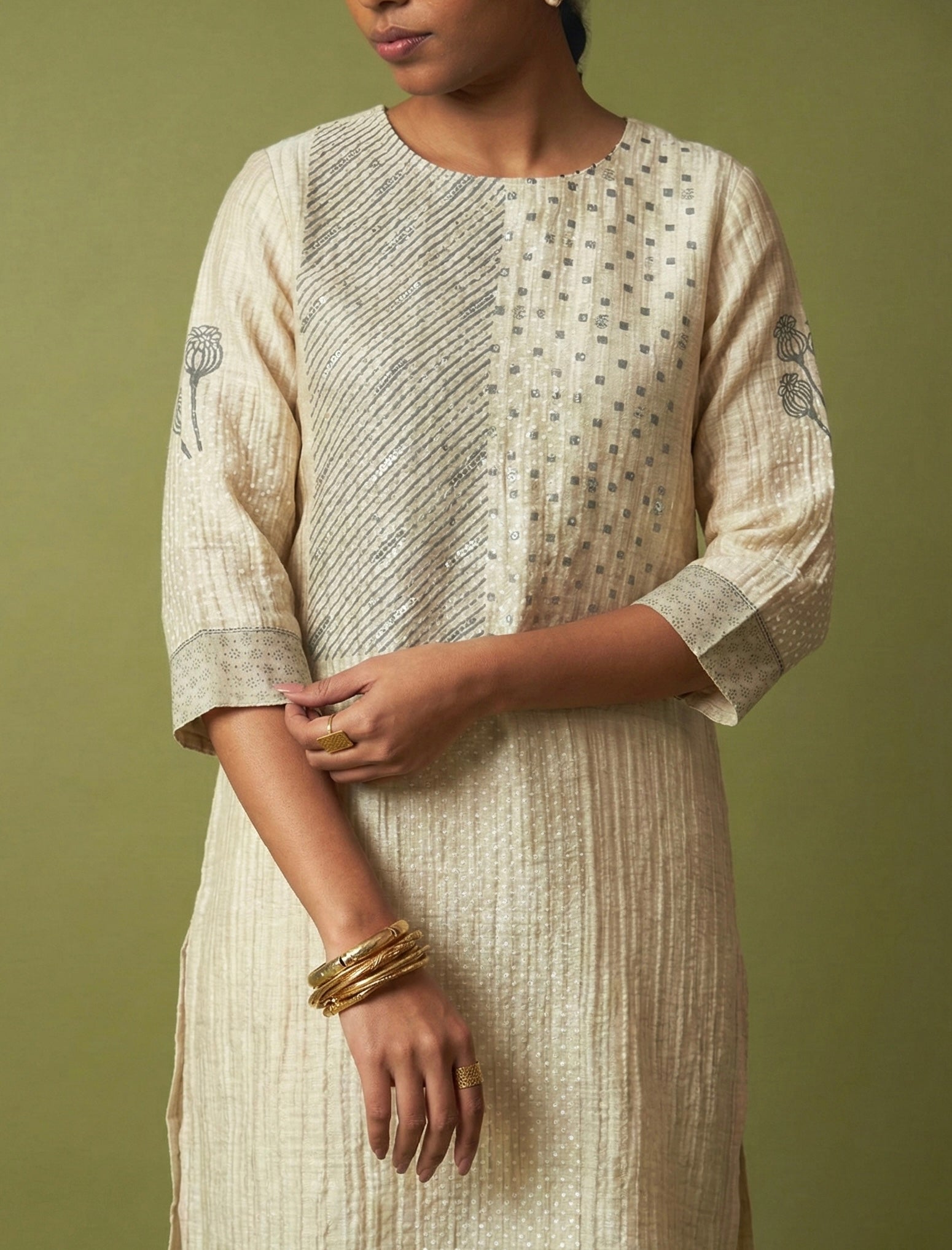 Grey Textured Silk Linen Set with Block