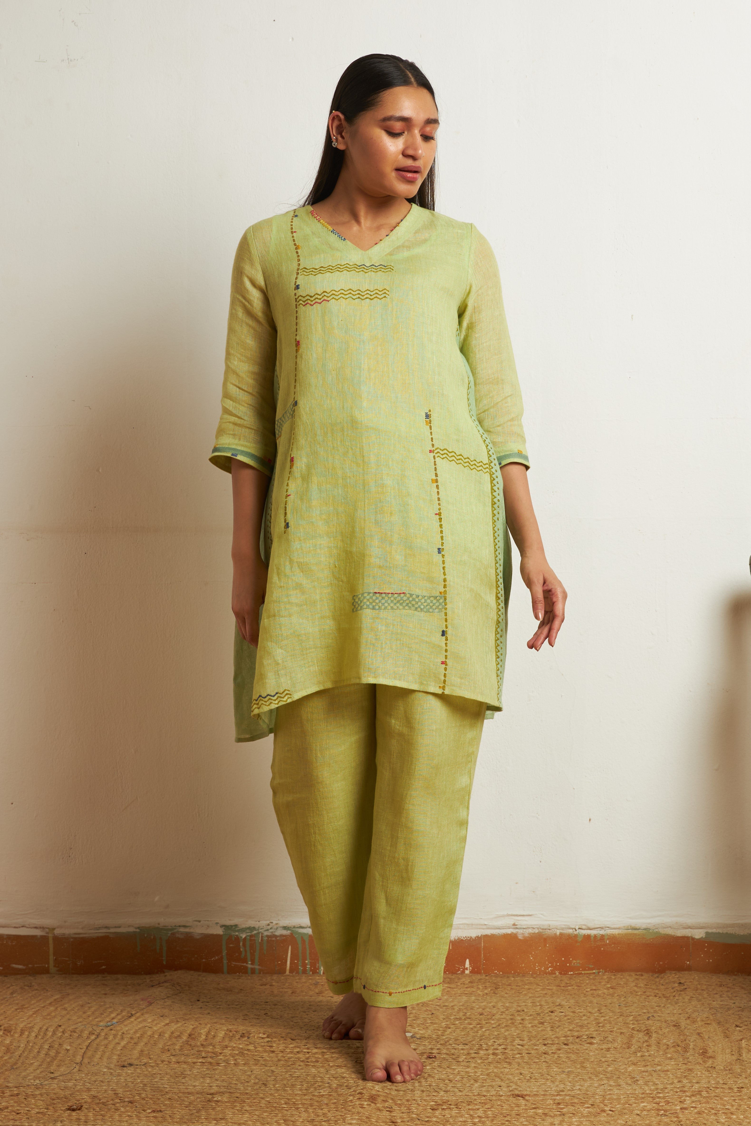 Lime Artisanal Gauze Linen Hand-Detailed Co-ord Set | Oregano