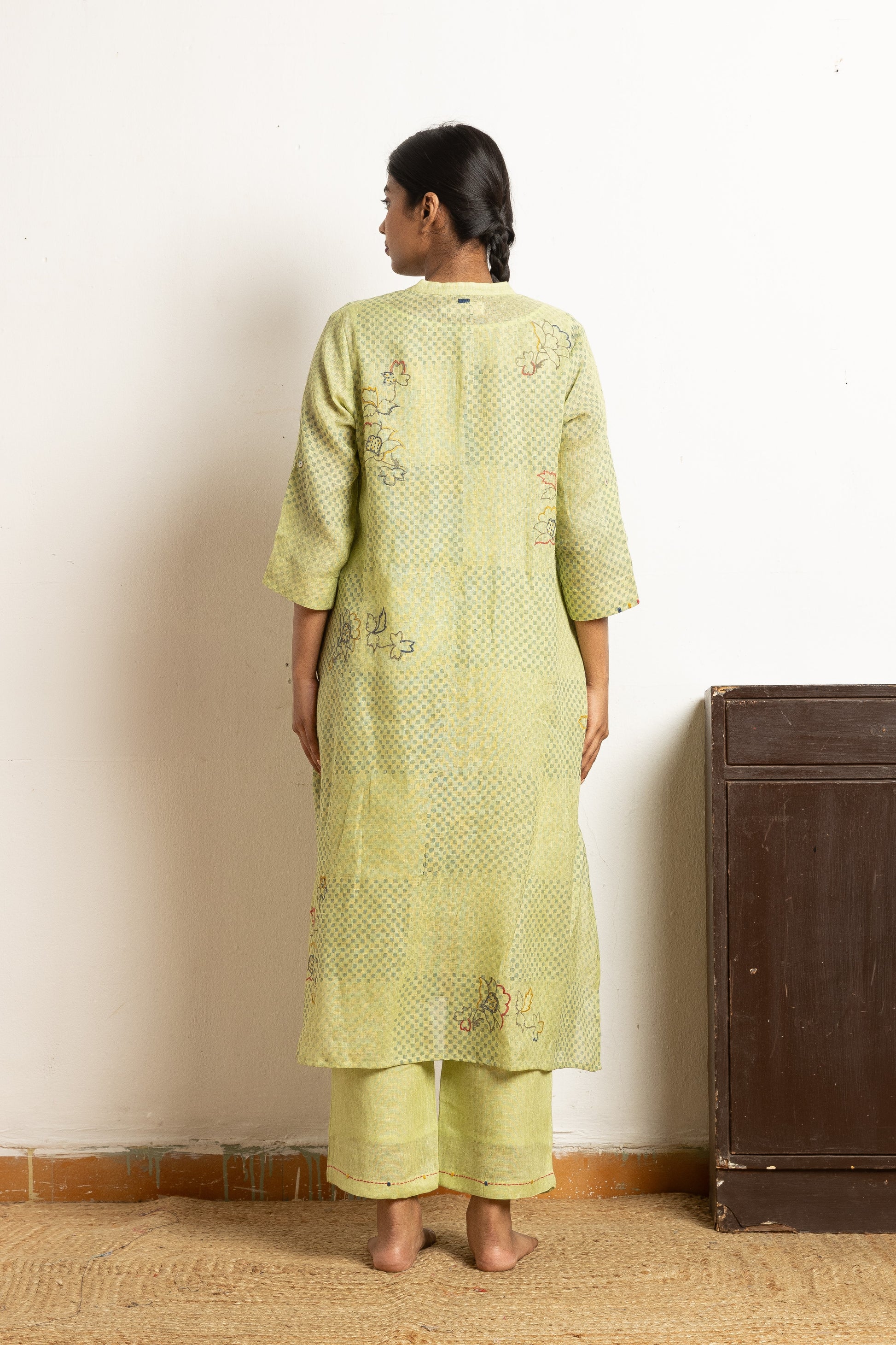 Artisanal Block Printed Gauze Linen Kurta Set | Oregano