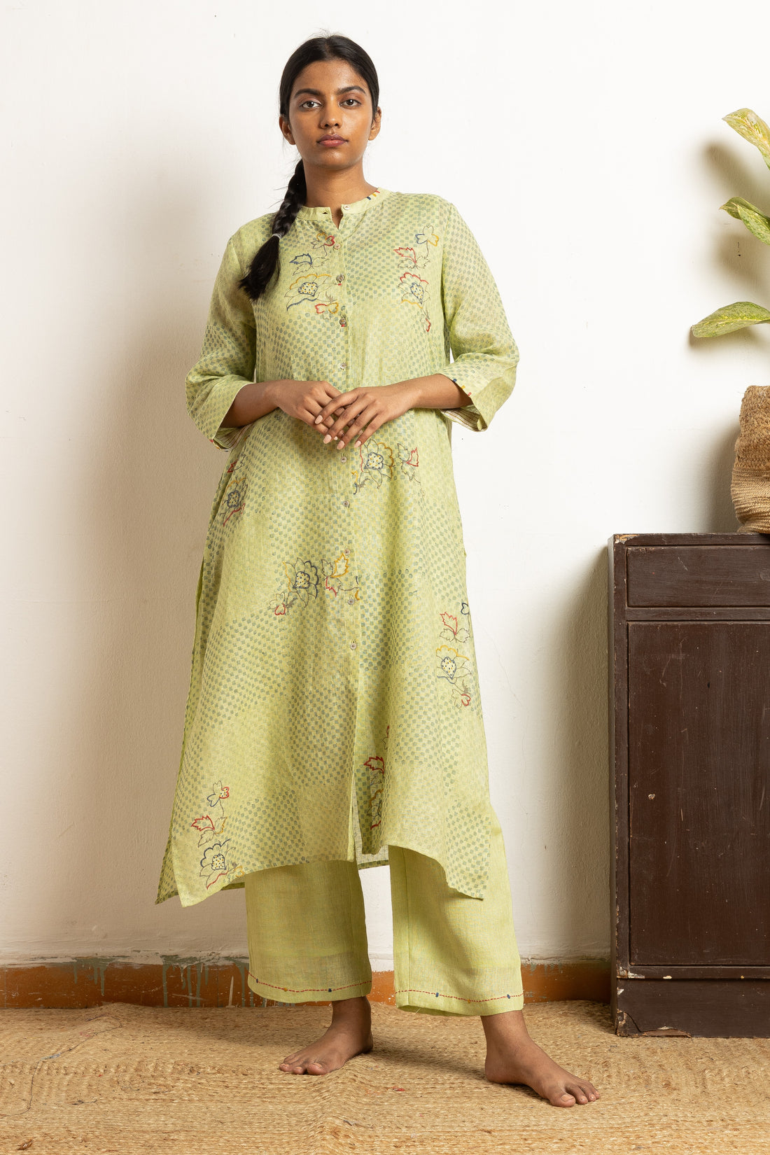 Green Artisanal Block Printed Gauze Linen Kurta Set | Oregano