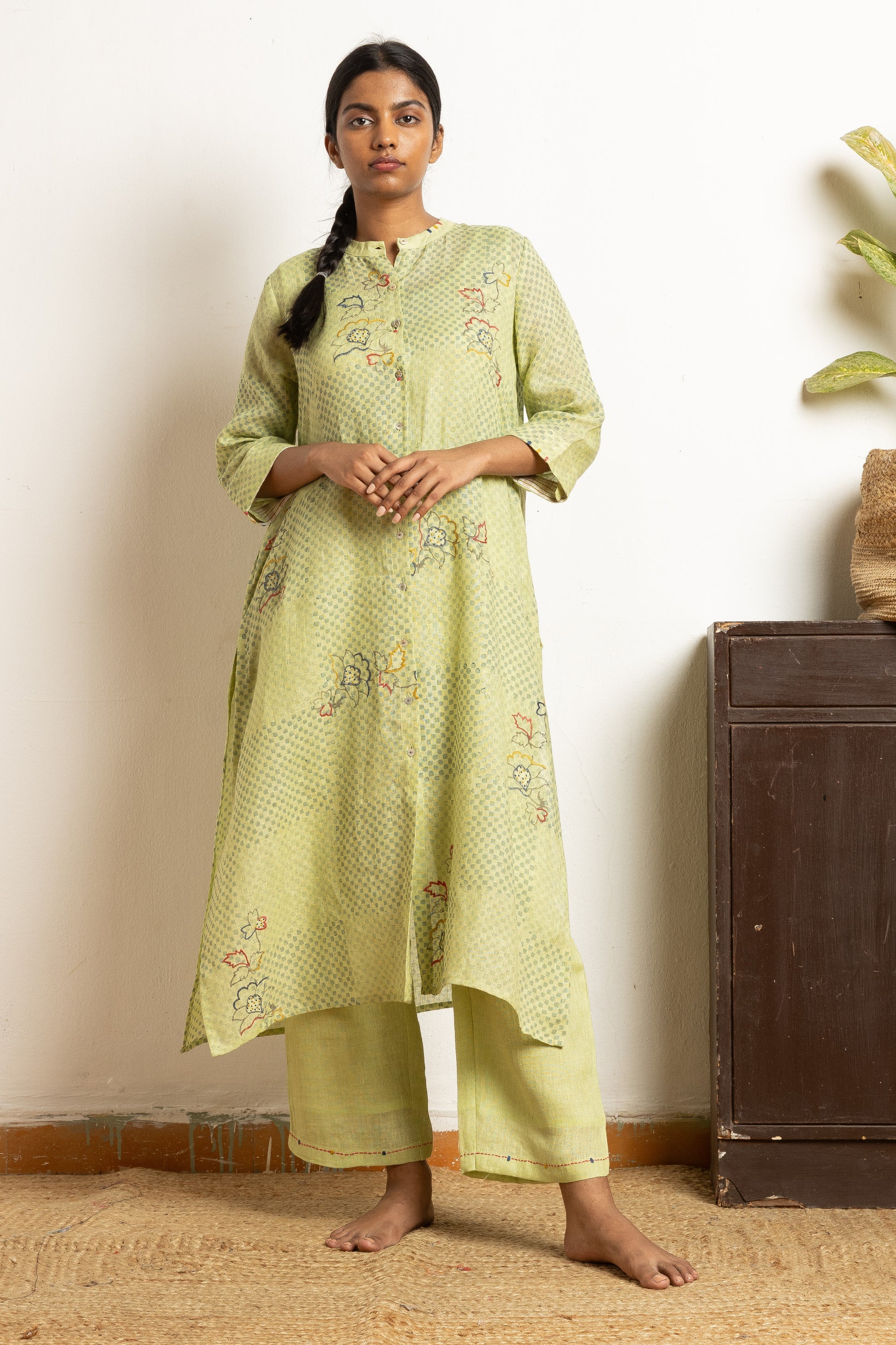Green Artisanal Block Printed Gauze Linen Kurta Set | Oregano