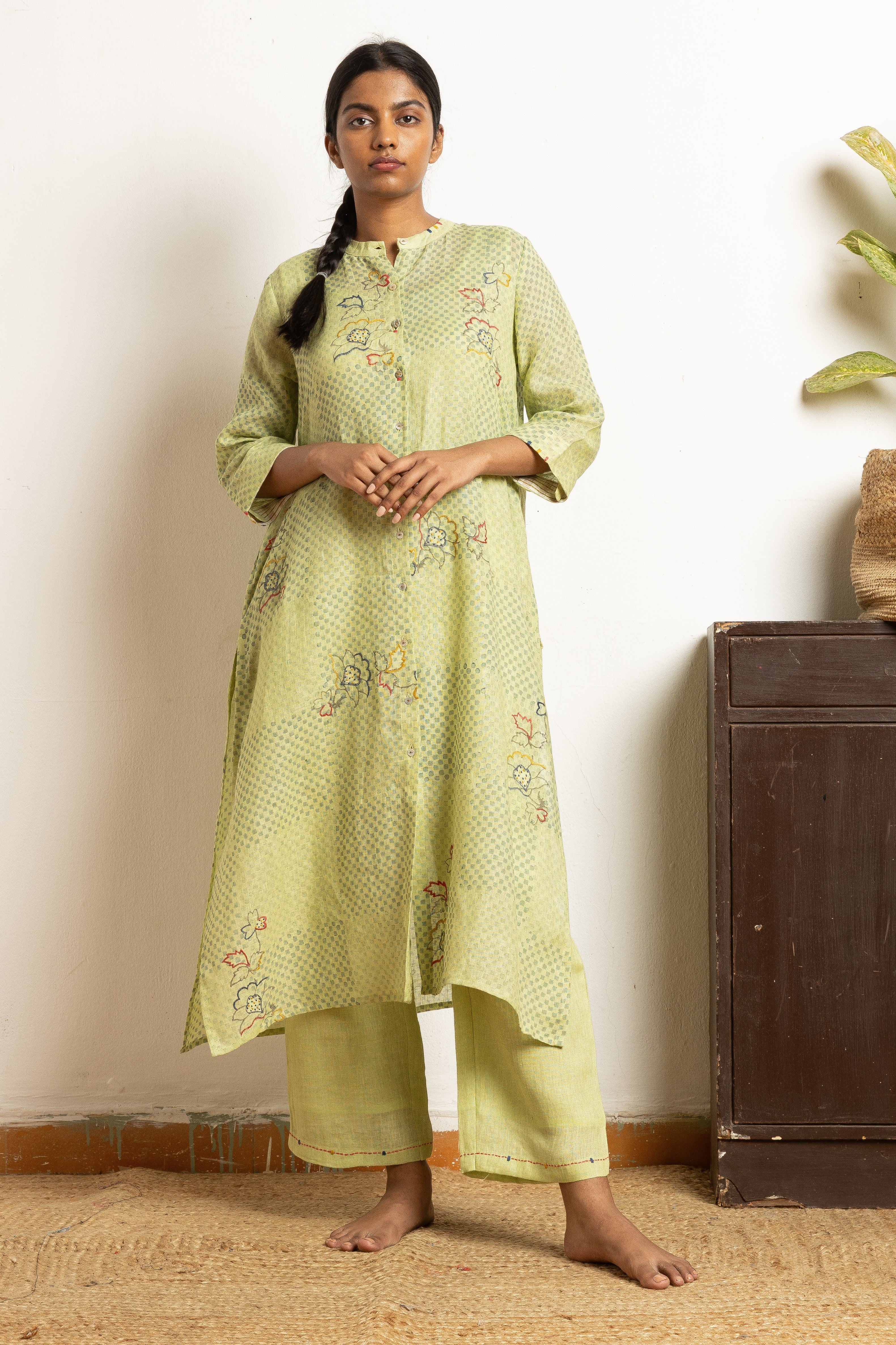 Green Artisanal Block Printed Gauze Linen Kurta Set | Oregano