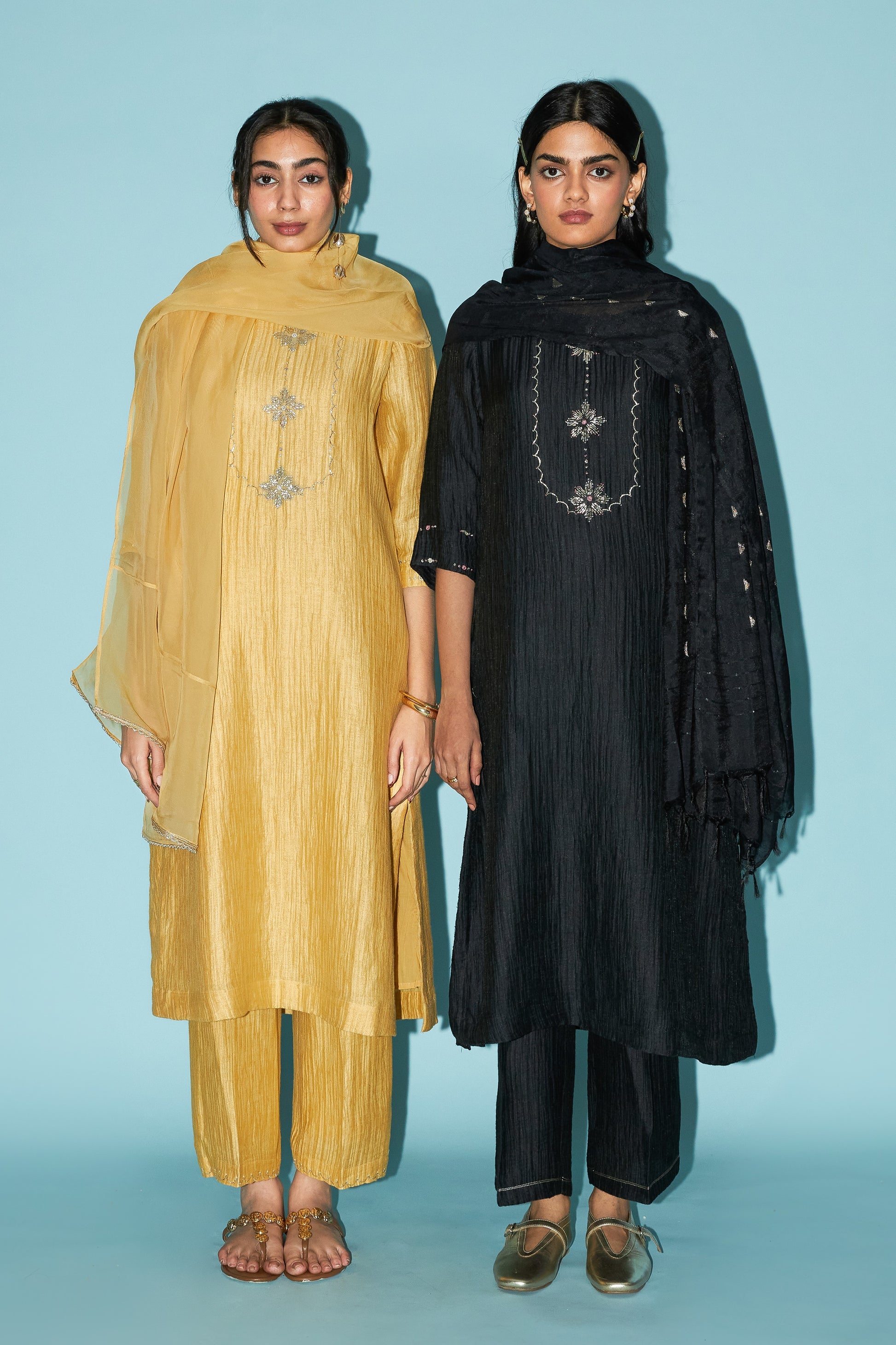 Hand-Embroidered Silk Linen Kurta Set with Khat Pita Yoke | Oregano